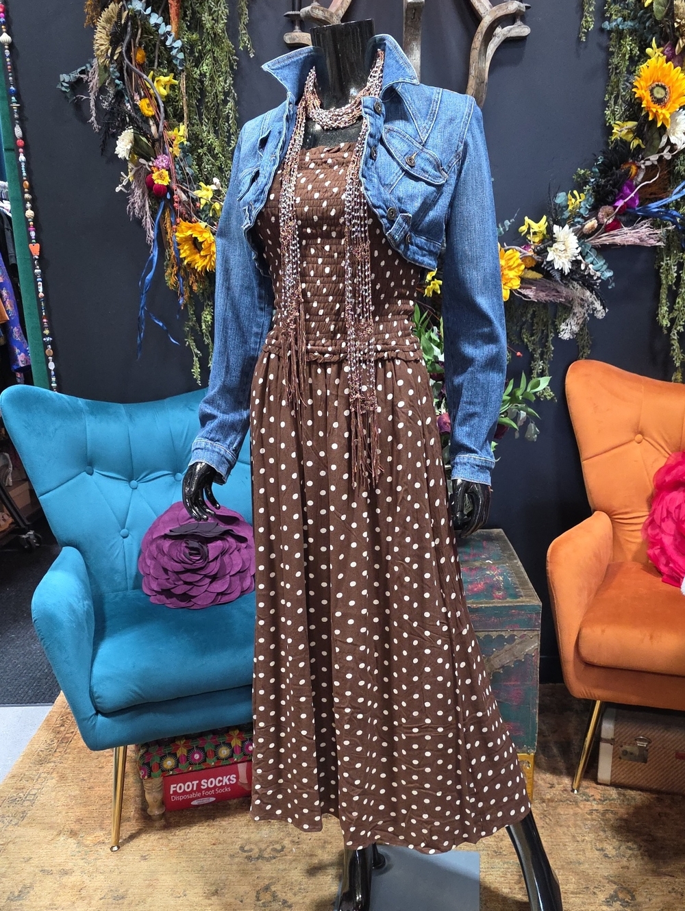 Sim & Sam Brown Polka Dot Maxi Dress with Smocked Bodice